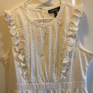 ModCloth Floral Embroidered 100% Cotton Sleeveless Ruffled White Dress Plus Size